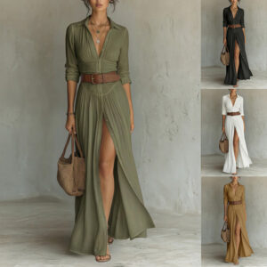 0a4bd71a-9612-41bb-9dcf-d29147c5302d.jpg Women's Casual V-Neck Long Dress with High Side Split - Versatile Loose Fit Maxi Gown for Daily Wear