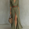 Women's Casual V-Neck Long Dress with High Side Split - Versatile Loose Fit Maxi Gown for Daily Wear