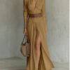 Women's Casual V-Neck Long Dress with High Side Split - Versatile Loose Fit Maxi Gown for Daily Wear