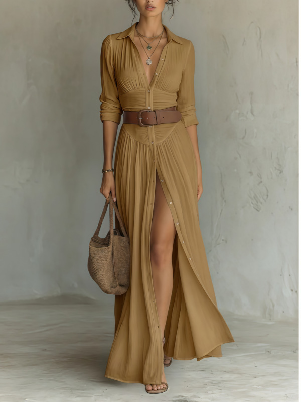 Women's Casual V-Neck Long Dress with High Side Split - Versatile Loose Fit Maxi Gown for Daily Wear