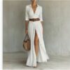 Women's Casual V-Neck Long Dress with High Side Split - Versatile Loose Fit Maxi Gown for Daily Wear