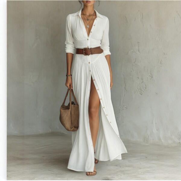 Women's Casual V-Neck Long Dress with High Side Split - Versatile Loose Fit Maxi Gown for Daily Wear