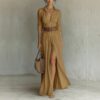 Women's Casual V-Neck Long Dress with High Side Split - Versatile Loose Fit Maxi Gown for Daily Wear
