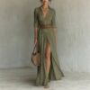 Women's Casual V-Neck Long Dress with High Side Split - Versatile Loose Fit Maxi Gown for Daily Wear