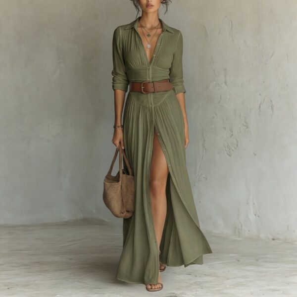 Women's Casual V-Neck Long Dress with High Side Split - Versatile Loose Fit Maxi Gown for Daily Wear
