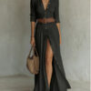 Women's Casual V-Neck Long Dress with High Side Split - Versatile Loose Fit Maxi Gown for Daily Wear