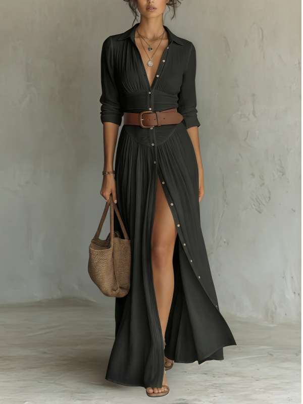 Women's Casual V-Neck Long Dress with High Side Split - Versatile Loose Fit Maxi Gown for Daily Wear