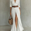 Women's Casual V-Neck Long Dress with High Side Split - Versatile Loose Fit Maxi Gown for Daily Wear