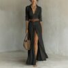 Women's Casual V-Neck Long Dress with High Side Split - Versatile Loose Fit Maxi Gown for Daily Wear