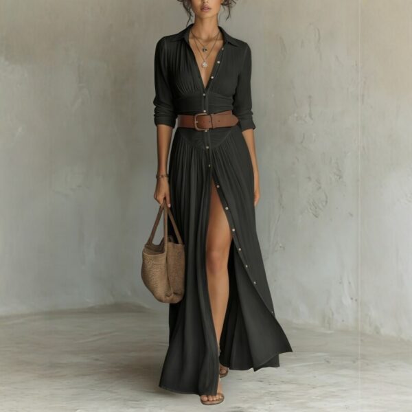 Women's Casual V-Neck Long Dress with High Side Split - Versatile Loose Fit Maxi Gown for Daily Wear